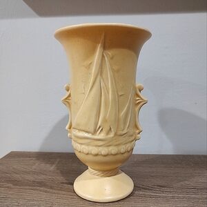 McCoy Pottery Vintage Sailboat Yellow Pedestal Flower Vase Mid-Century RARE